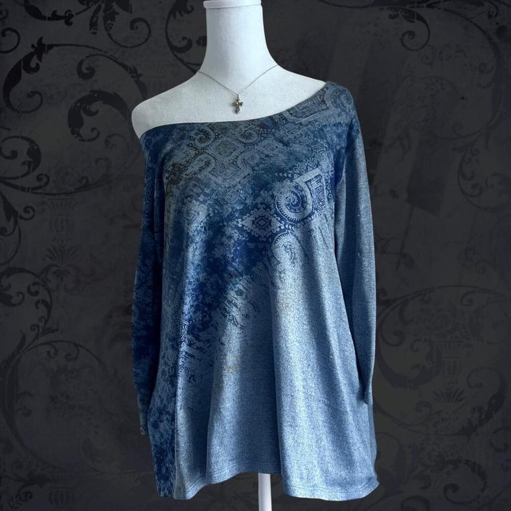 paisley scroll print abstract patchwork muted fairy blue top